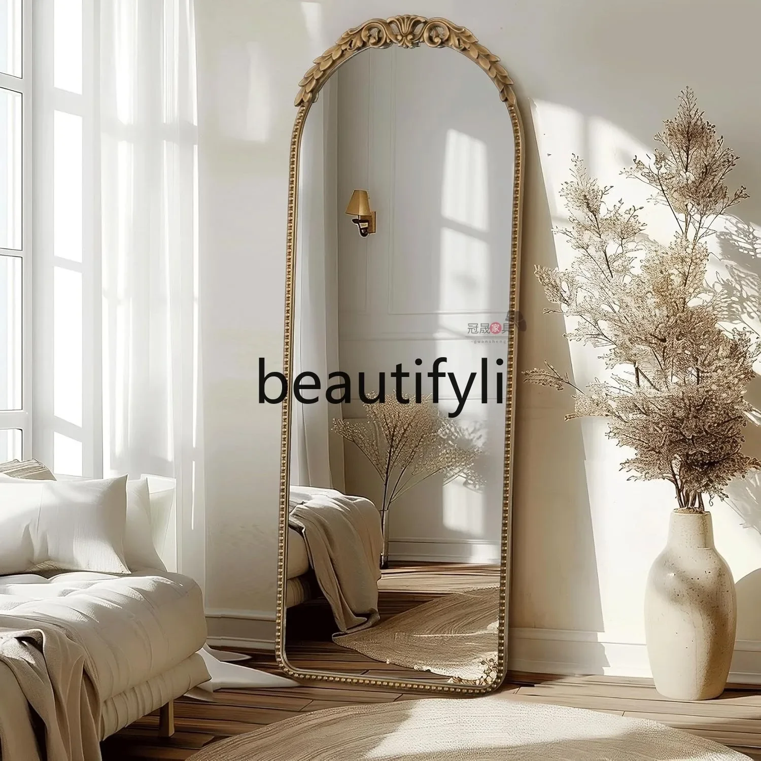 

European light luxury, home floor-to-ceiling arched dressing mirror, bedroom cloakroom, French retro carved fitting mirror2936