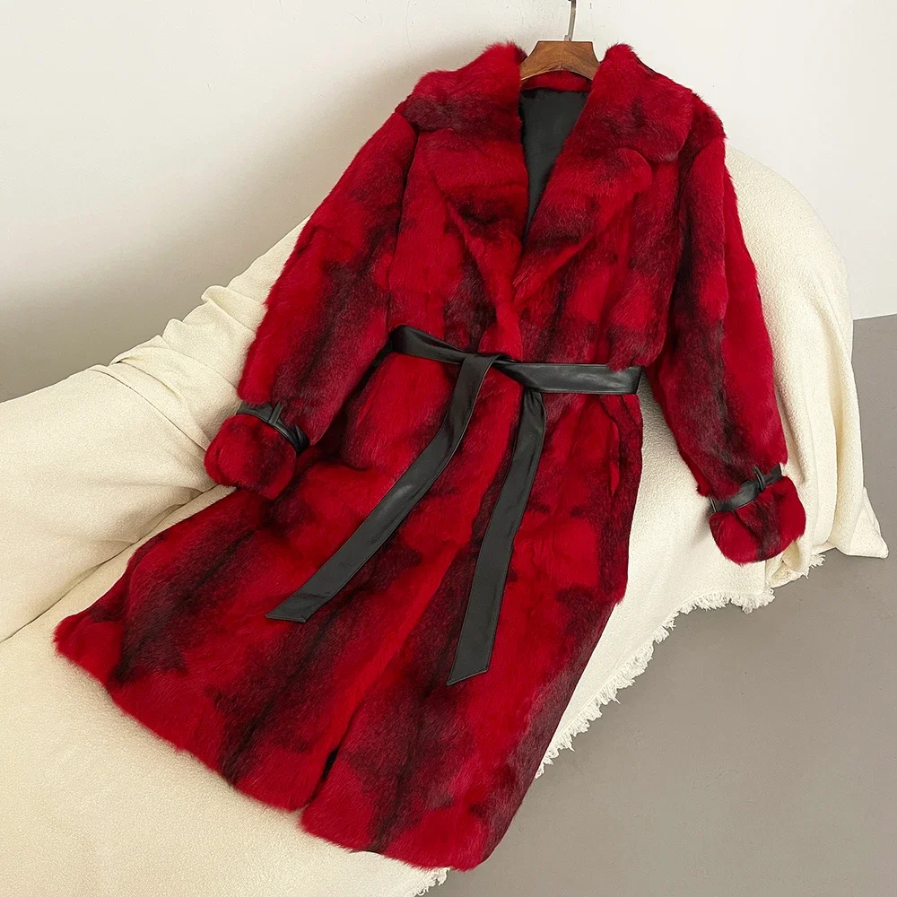 

Women Autumn Winter Fashion Leopard Print Coat Rabbit Fur Coat Over Knee Whole Leather Imported Thickened Warm Fur Integrated