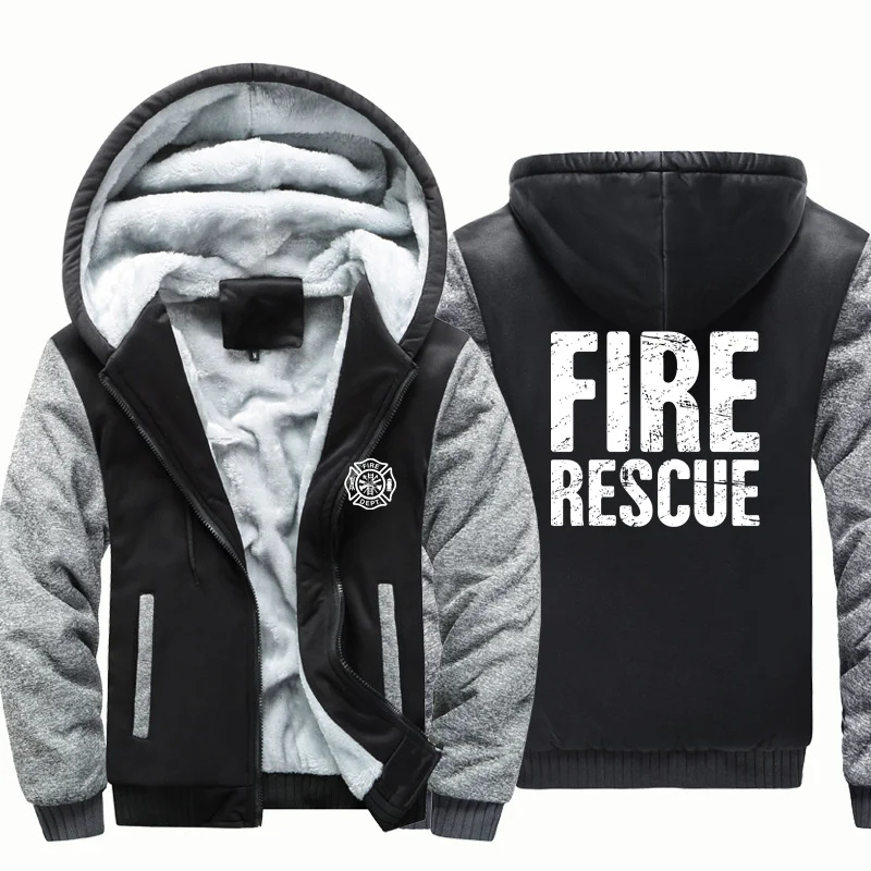 Fire Rescue Firefighter Fireman Autumn Winter Zipper Hooded Man Hoodies Sweatshirts Fleece Warm Wool Thick for Men Jackets Coat