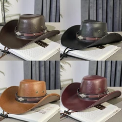 Adult Punk Cowboy Hat Large Brim Hat Rolled Brim Fedoras PU Leather Cowboy Hat with Adjustable Chin Rope