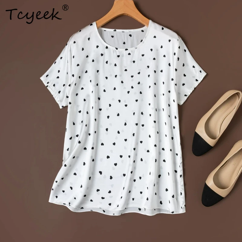 

Tcyeek 100% Real Silk Women T Shirt 2026 Spring Summer Simple Heart-patterned Basic Round-neck Top Female Clothing Ropa De Mujer
