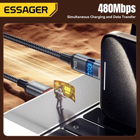 Кабель Essager USB Type C с дисплеем 100W для быстрой зарядки Huawei, MacBook Pro, Xiaomi — фото товара