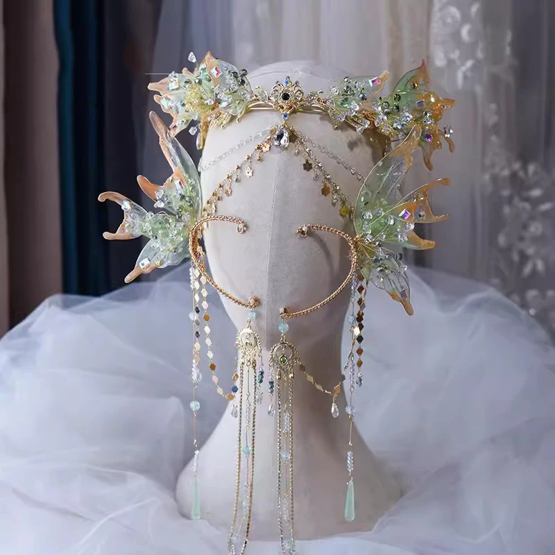 Light Green Mermaid Princess Hair Crown  Hanfu Ancient Forehead Decoration Super Fairy Bride Fly Wing Headdress Accessory