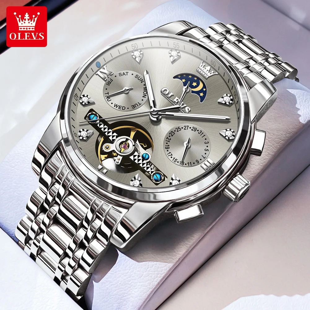 

OLEVS 6678 Автоматические механические часы со скелетонизированным маховиком для мужчин, водонепроницаемые светящиеся деловые мужские часы с календарем фаз Луны