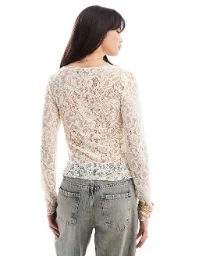 Women Sheer Tops Floral Lace Crew Neck Long Sleeve Casual Crop T-Shirt