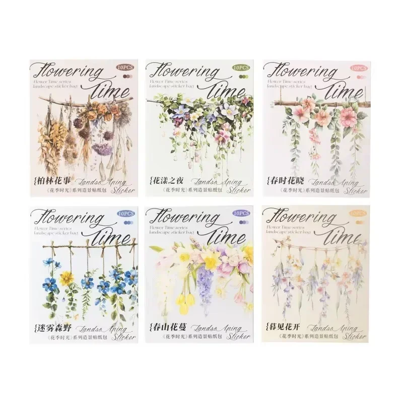 10Sheets Package sticker Flower Season landscape Handbook Flowery Night material collage bottoming Scrapbook cut 149*103mm