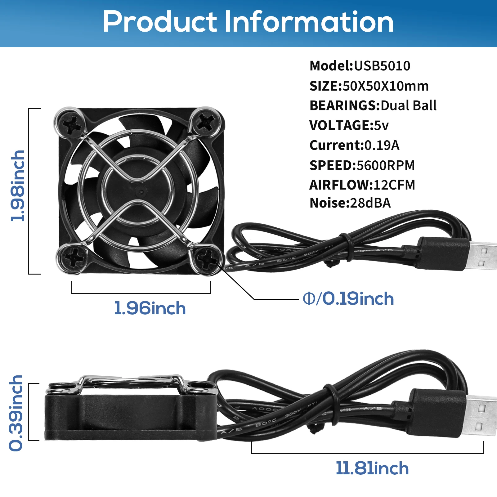 2pcs 50mm 5cm 5010 DC5V USB Connector Quiet Cooling Fan for DIY Cooling Router Game TV Box Power Supply Dual Ball Bearing