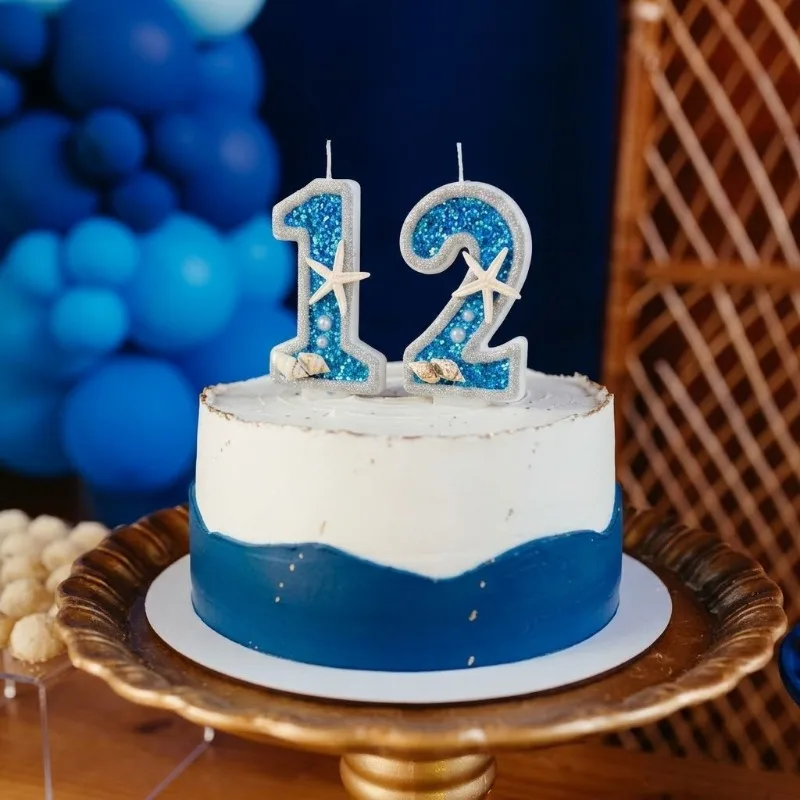 Bougie d'anniversaire numéro 1 sur le thème de l'océan, bleu pailleté, étoile de mer, coquillages, bougie pour le 1er anniversaire