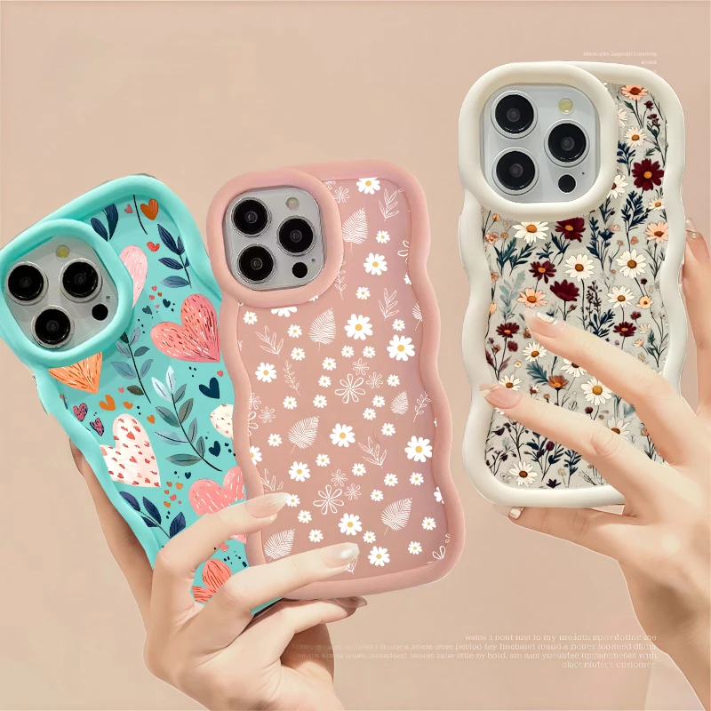 Capa de Celular com Borda Ondulada e Estampa de Coração, Folhas e Flor Margarida para iPhone 17 Air 16 15 11 12 14 13 Pro Max Plus 16e, Capa Traseira Anti-queda