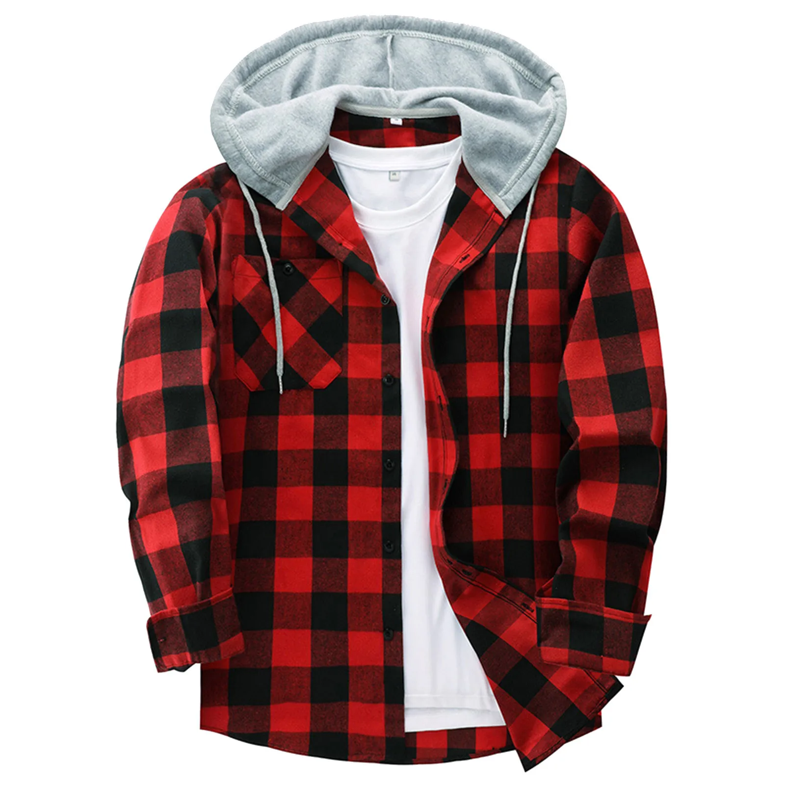 Men Casual Red Plaid Print Flannel Shirt Hooded Oversized Casual Shirt Men\'S Clothes European American Style Handsome Holiday