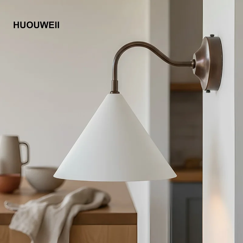 Retro White Tapered Wall Lamp Simple Bedroom Bedside Lamp All Copper Living Room Background Lamp Interior Decoration Lamp