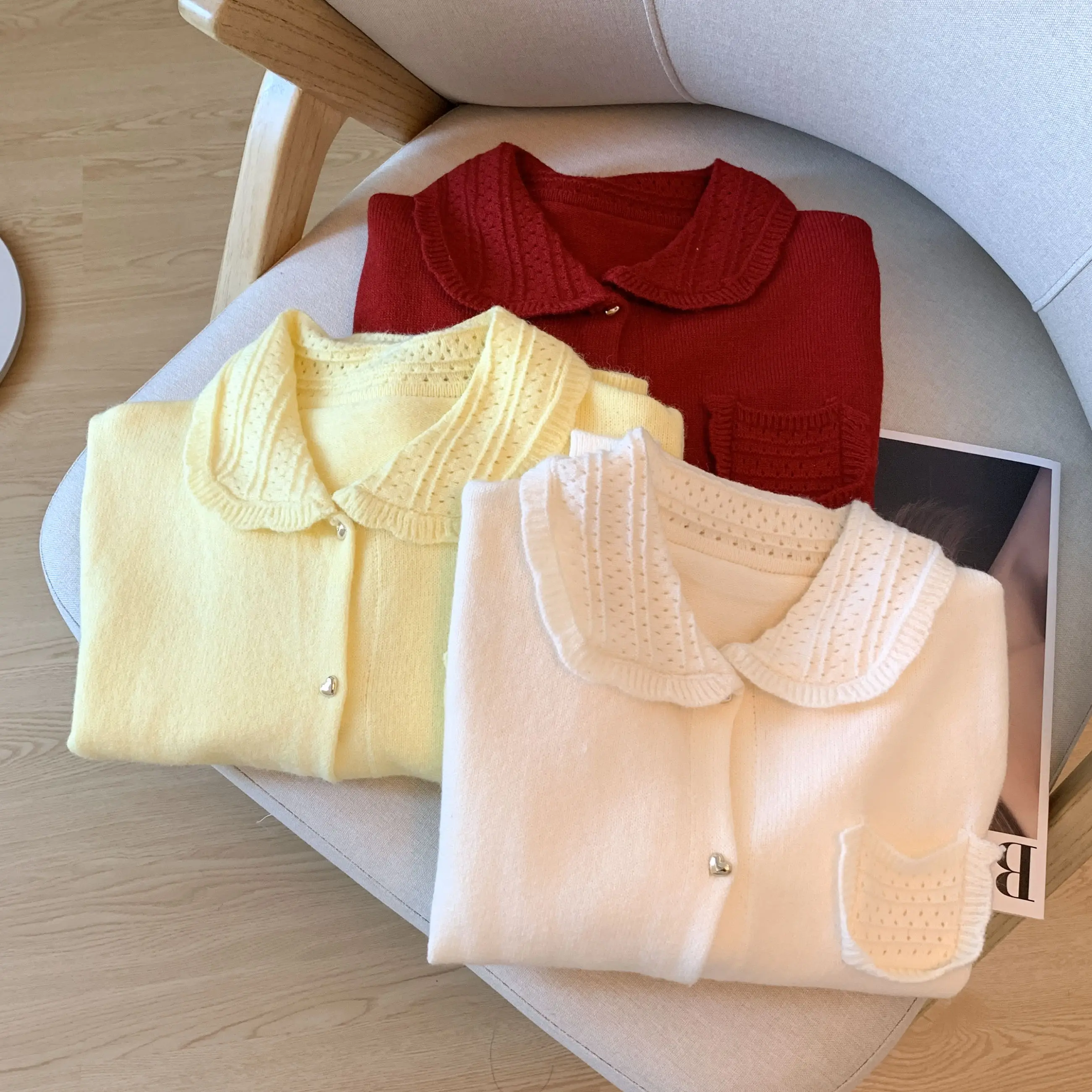 

Red Doll Collar Heart Bule Knitted Open Cardigan Women's Autumn Winter Loose Long Sve Sweater Jaet ort Top