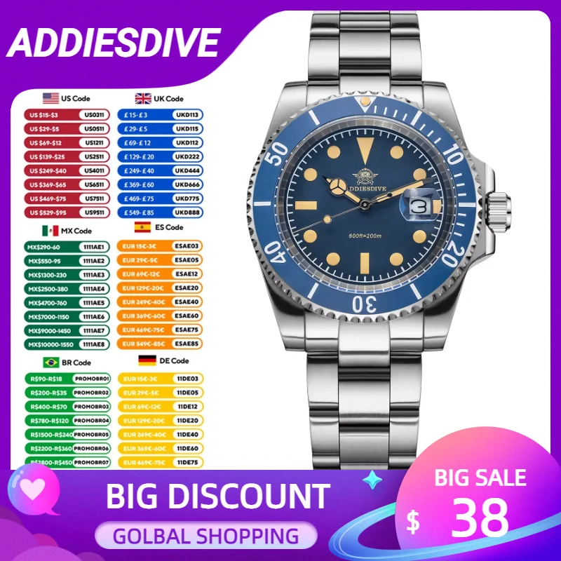 Addiesdive AD2054 كوارتز ساعة اليد للرجال الفولاذ المقاوم للصدأ السيراميك الحافة ساعة الأعمال سوبر مضيئة 200 متر مقاوم للماء الساعات