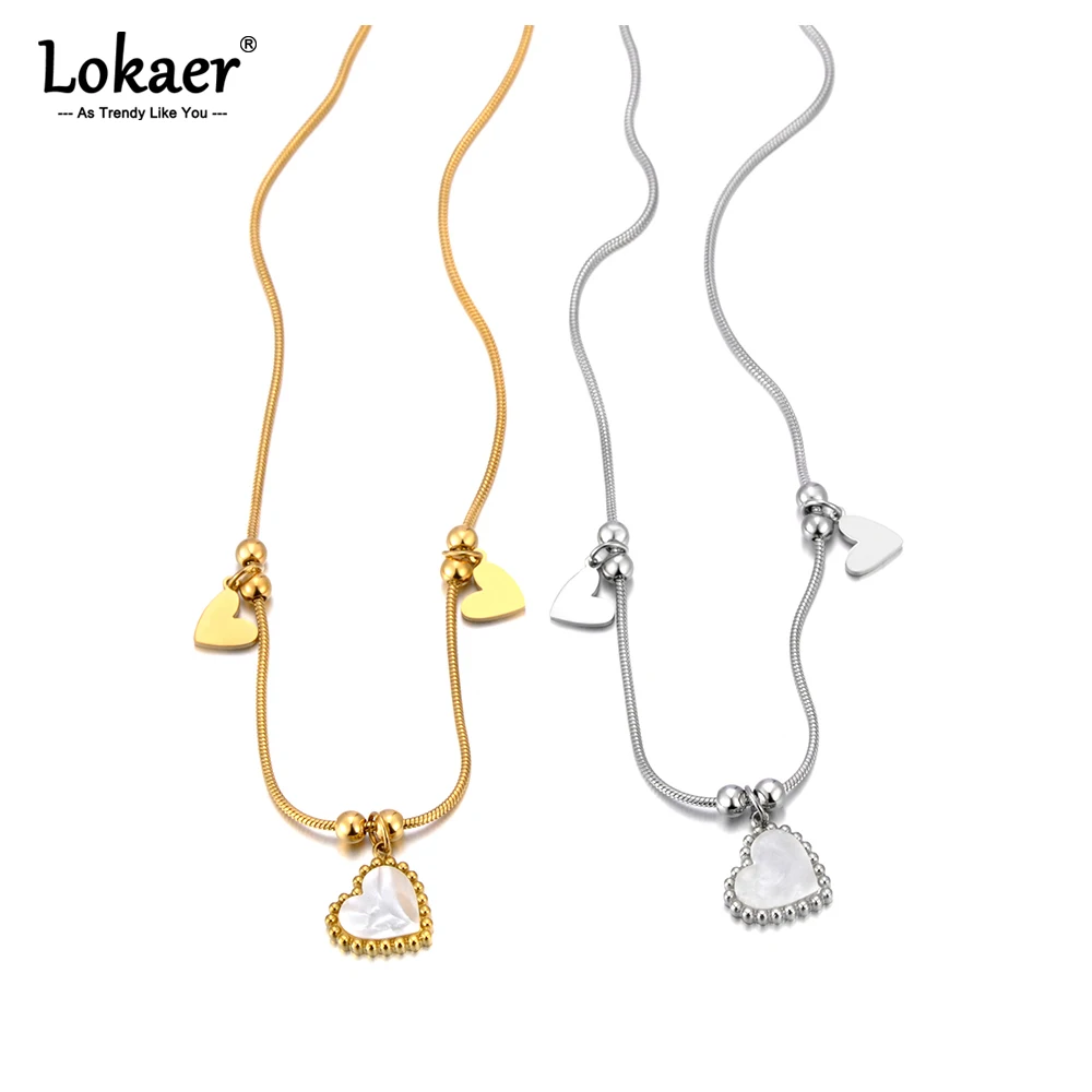 Lokaer Edelstahl romantische Herz natürliche Muschel Anhänger Halskette für Frauen Modekette rostfreien goldenen Schmuck n23089