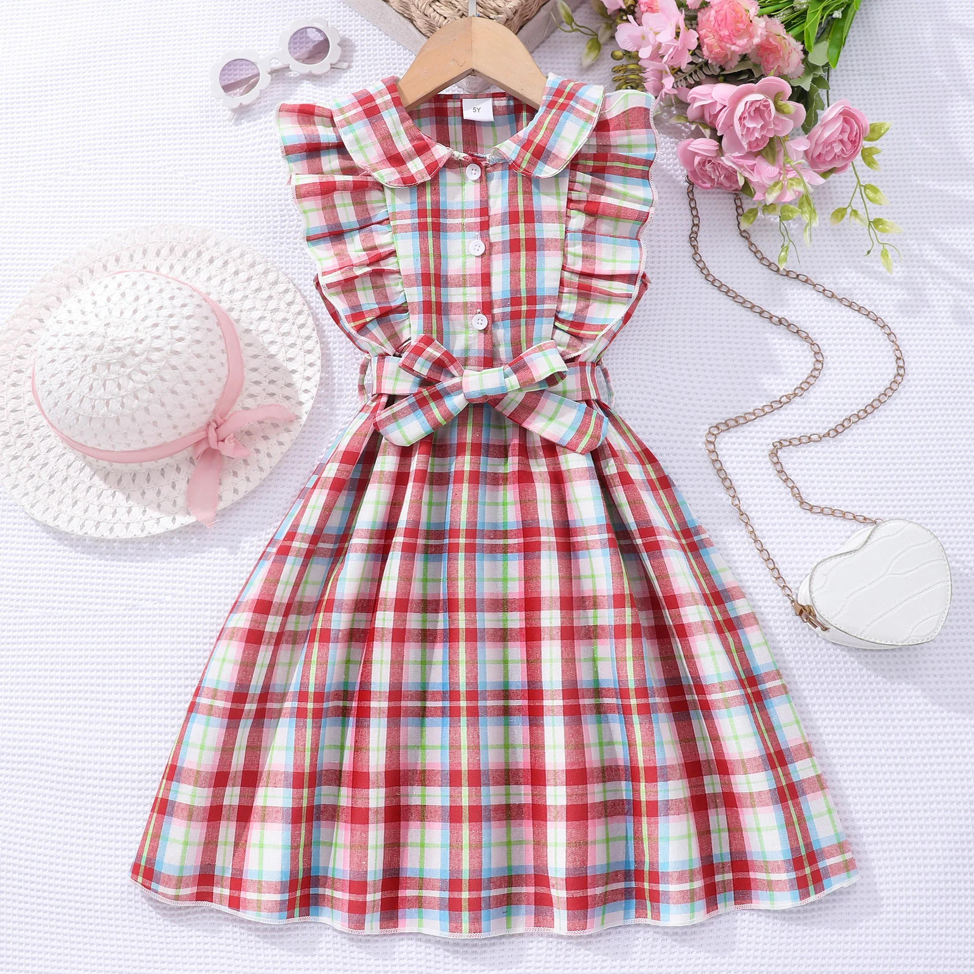 

Summer Kids Girl Clothing Sleeveless Fold-over Collar Lattice Solid Color Belt Children Dress Button Ruffle Youth Girls Dress