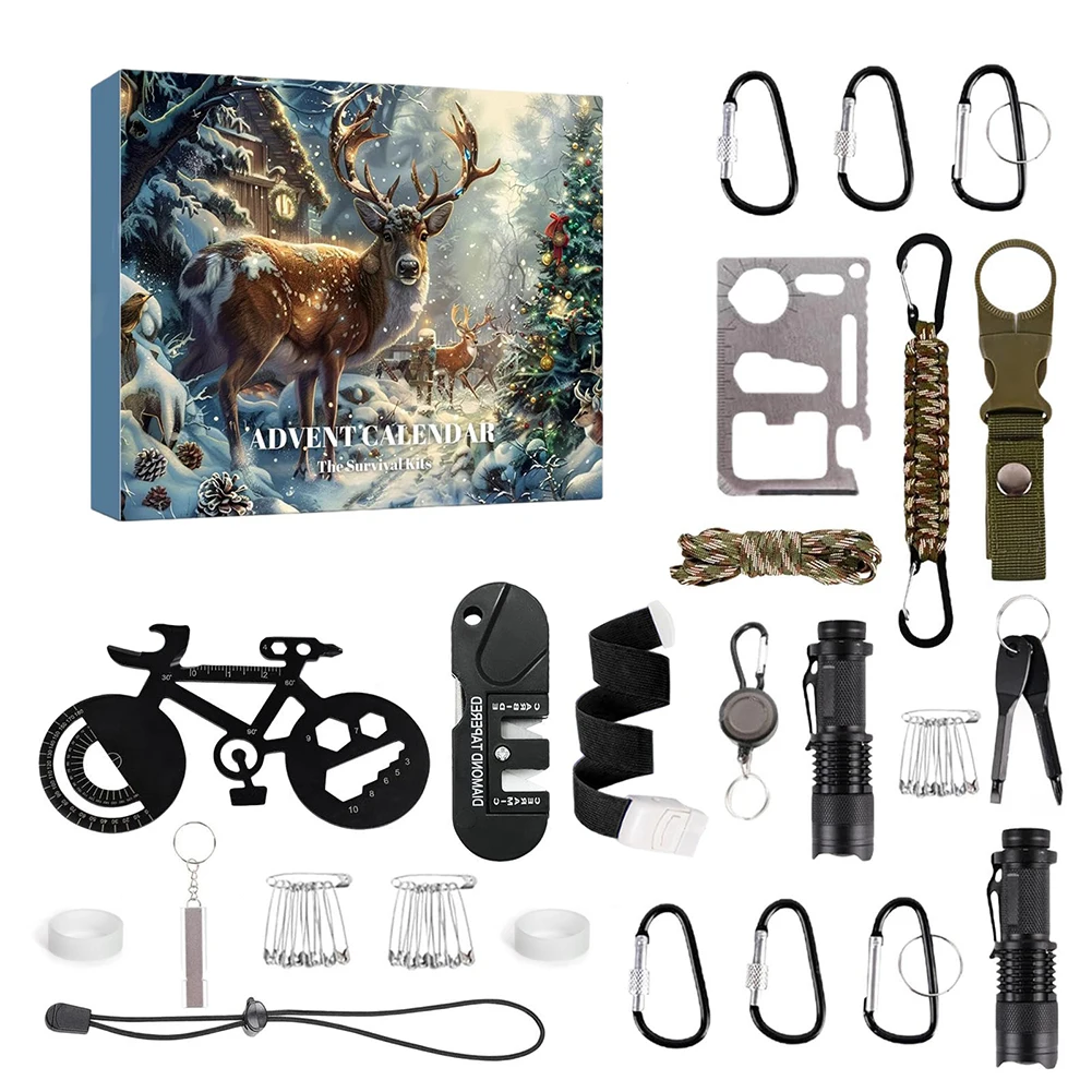 24 in 1 Survival Kit Advent Calendar 2024 Survival Tool Christmas Countdown Calendar Survival Kit Blind Box for Climbers Anglers