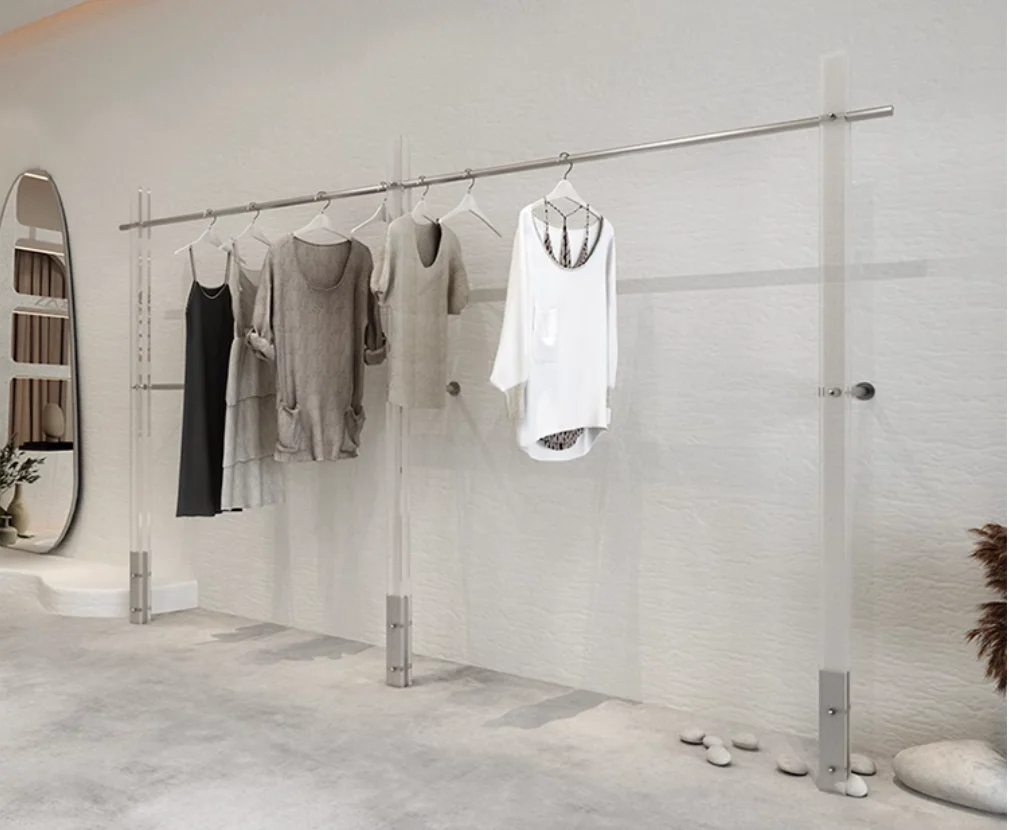 

Clothing store display rack stainless steel shelf acrylic floor rack display hanger