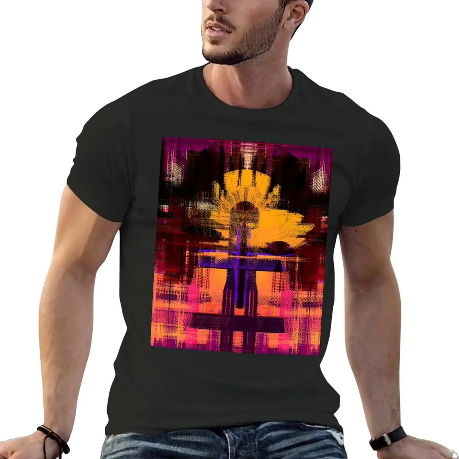 

Flower in the Night Lights: Black, Purple, Brown, Orange, White and Burgundy Abstract Pattern T-Shirt heavyweights Men's t-shirt