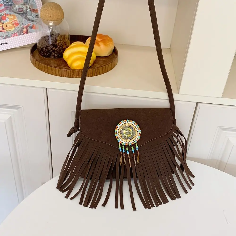 Корейская стильная сумка через плечо с кисточками, винтажная большая вместительная замшевая сумка через плечо из искусственной кожи, сумка в богемном стиле в этническом стиле для девочек