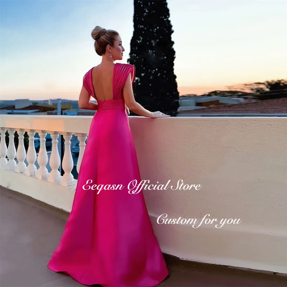 Customized Fuchsia Evening Dress Line A V Neck Special Occasion Dresses Leg Split Satin Woman Formal Prom Gala Vestido Formales