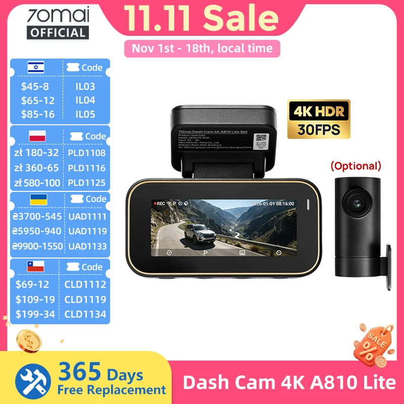 70mai Dash Cam A810 Lite 4K HDR + 1080P, Supercapacitor 4G LTE Remote Control Wi-Fi 6 GPS Voice Control Car DVR 70mai A810 Lite