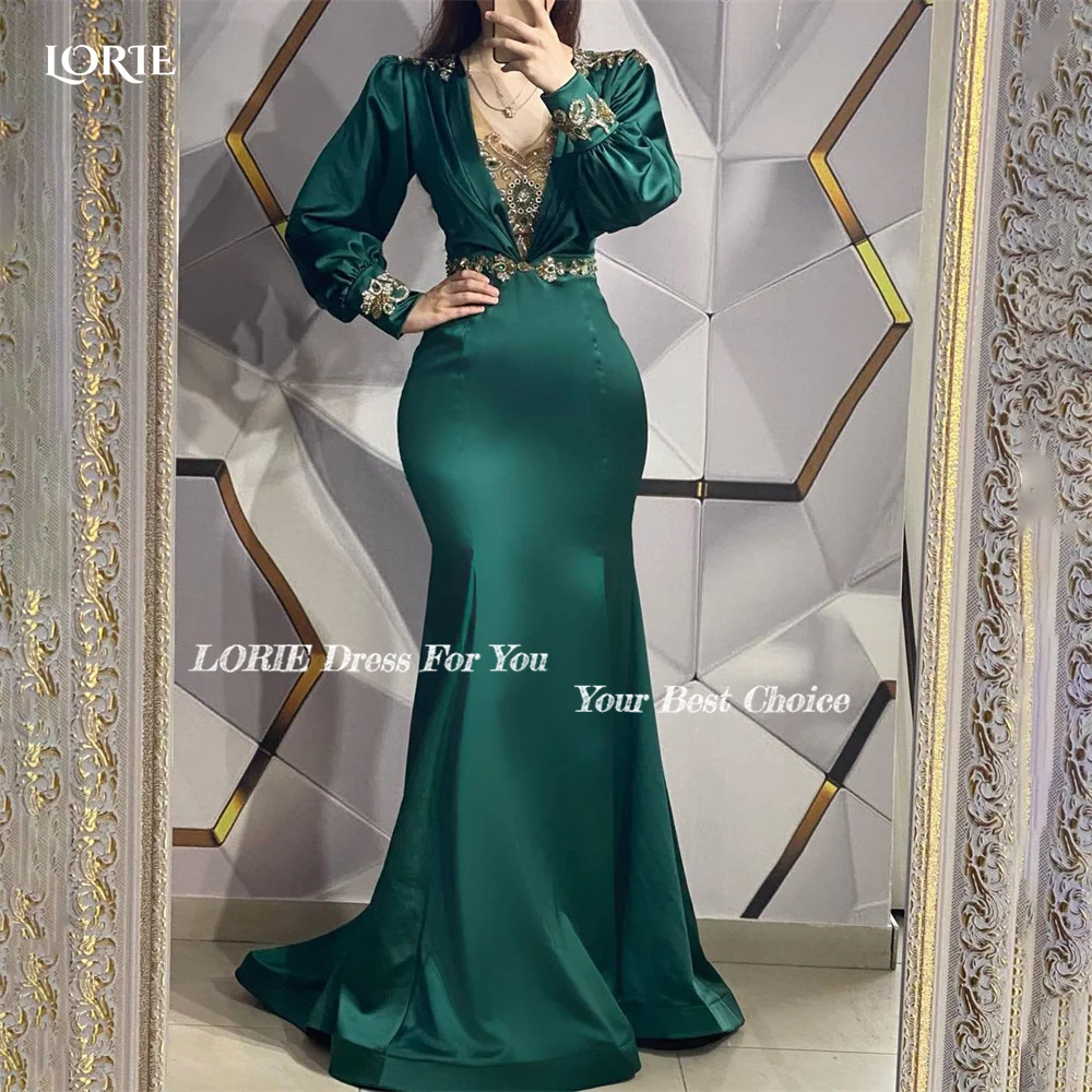 LORIE Green Saudi Arabia Evening Dresses Cap Sleeves Mermaid V-Neck Celebrity Gowns Beadings Women Bodycon Formal Party Dress