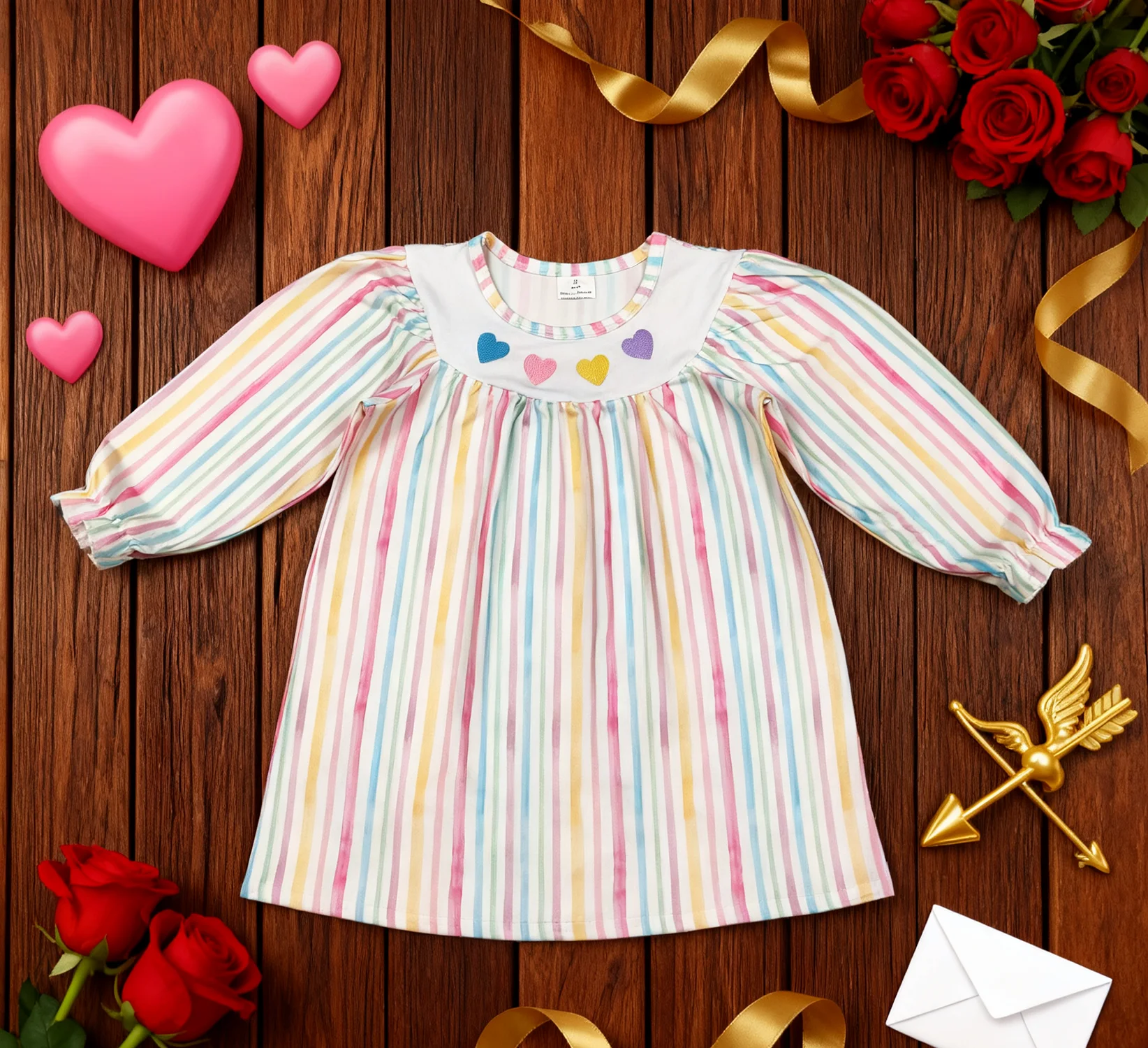

Z1101-11 GLD1335 Kids Girls Clothes Long Sleeve Heart Print Baby Valentine's Day Dress