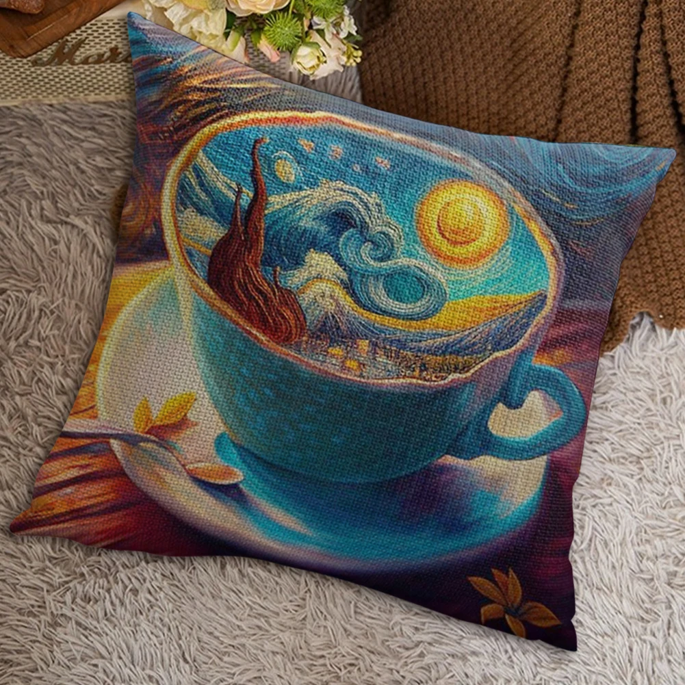 Kit de funda de cojín bordado con taza de café, cielo estrellado, hilo de algodón ecológico de 11CT, 45x45cm, Kit de fabricación de almohadas de punto de cruz, suministros de costura