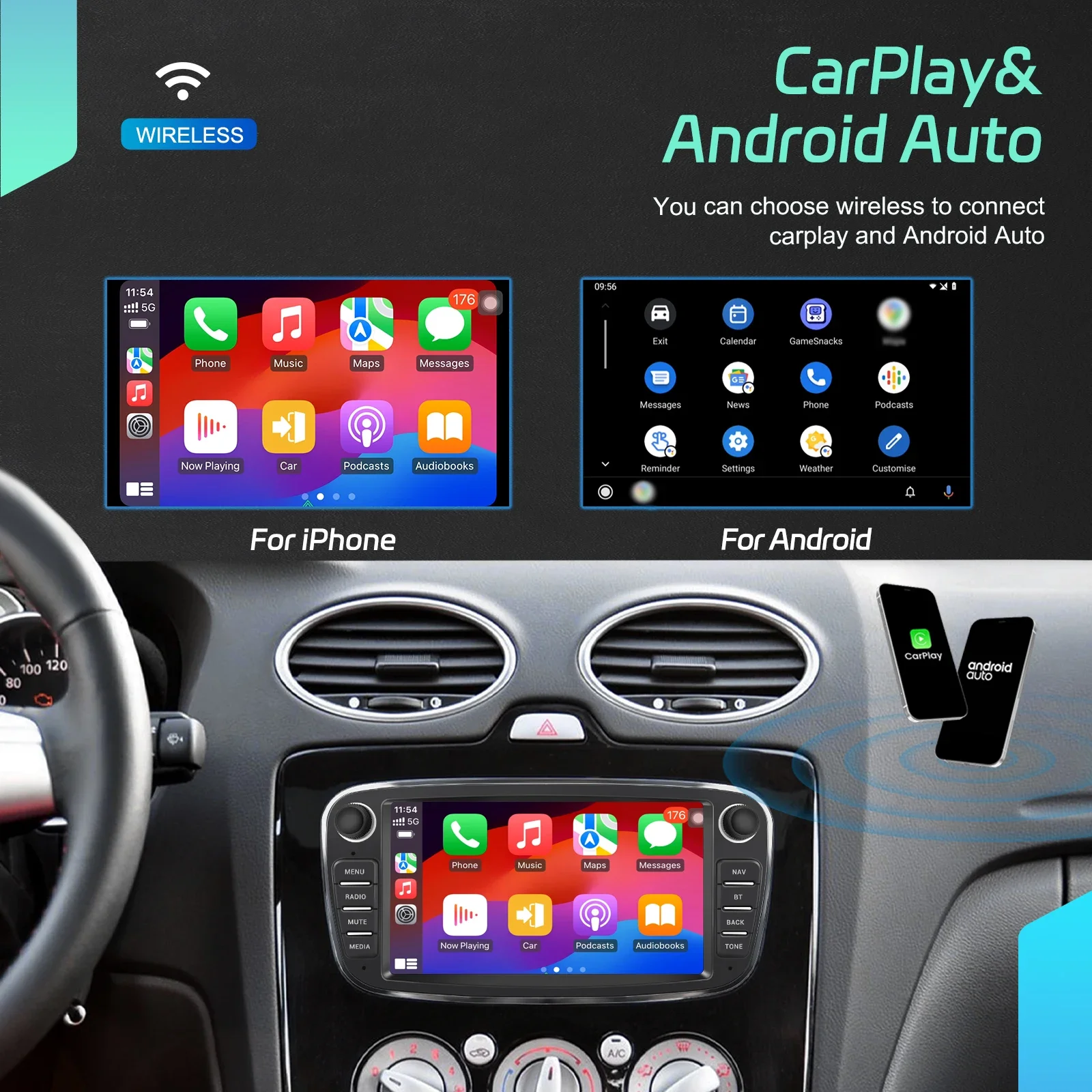 2025 Podofo 7 ''IPS شاشة تعمل باللمس 4 + 64GB CarPlay راديو السيارة أندرويد السيارات GPS/WiFi/BT/FM/RDS لفورد فوكس مونديو C-MAX S-MAX #2