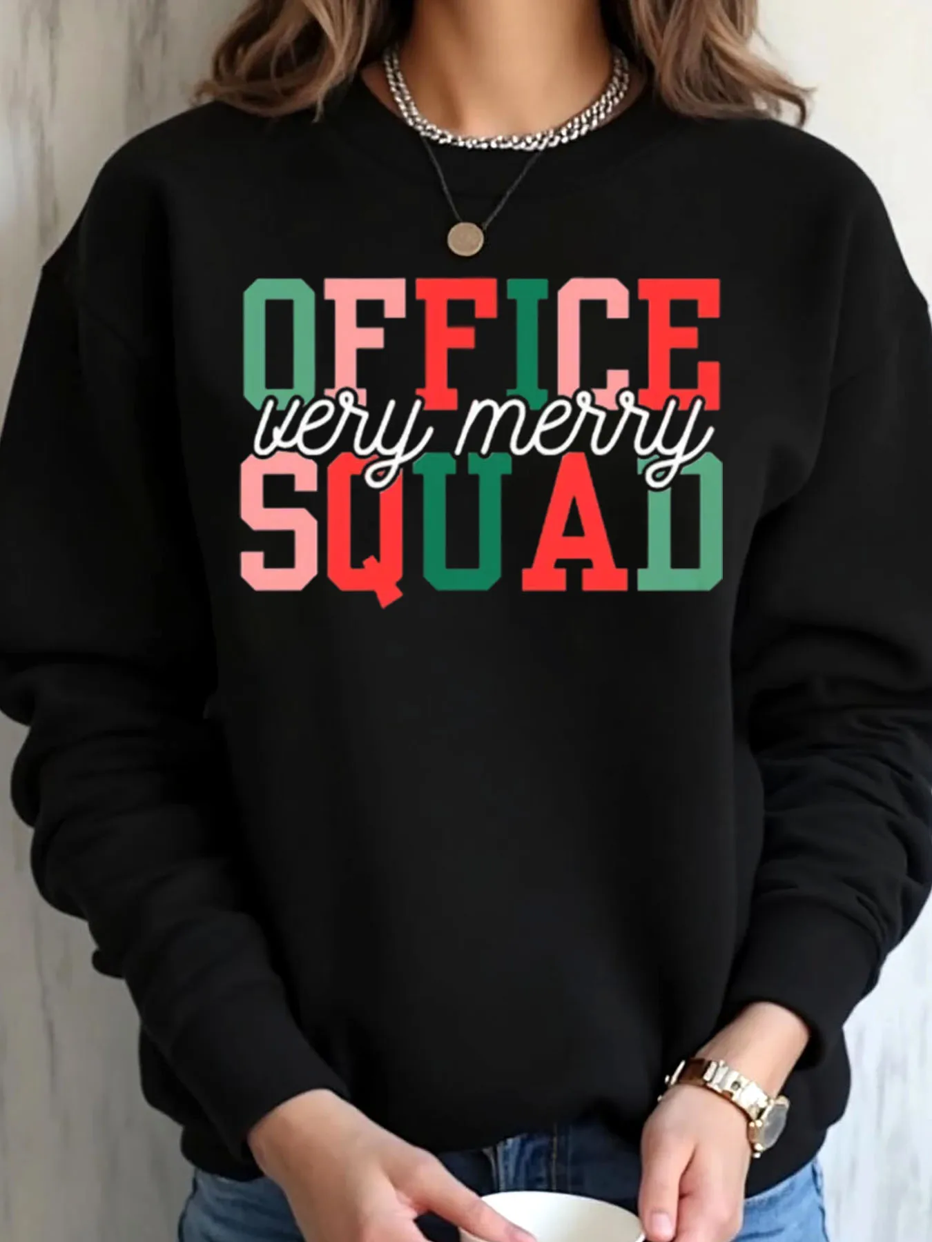 Women Oversized Sweatshirt Christmas Office Very Merry Squad Print Outdoor Wear