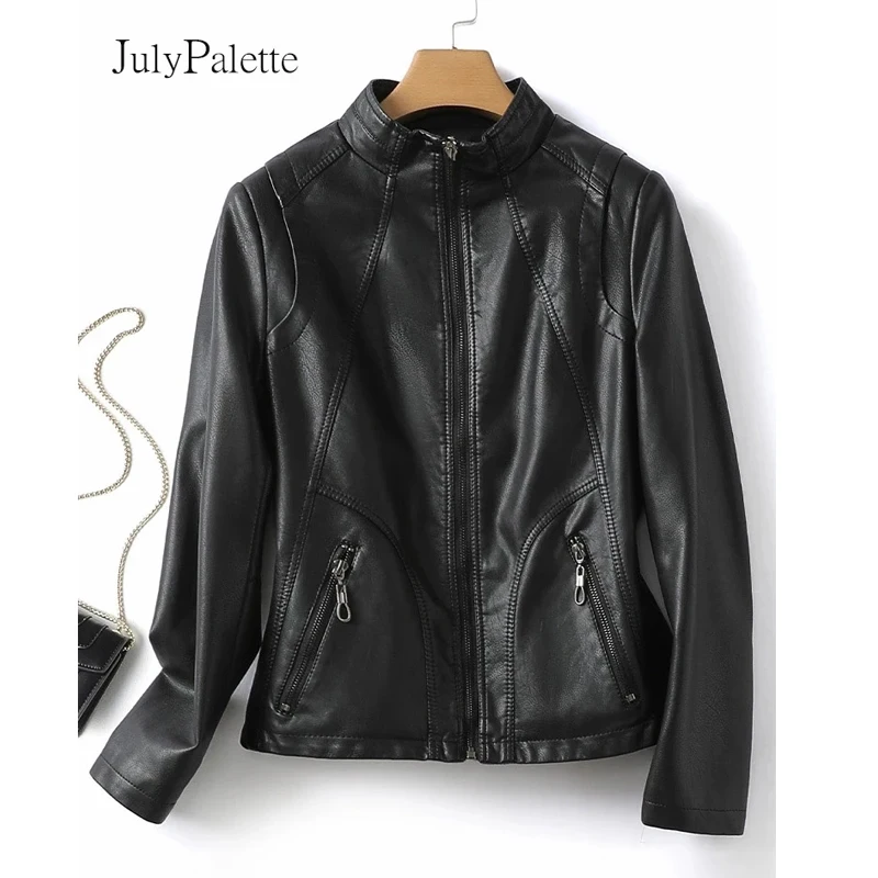 Julypalette-chaquetas cortas de piel de oveja para mujer, abrigos de piel auténtica con cremallera y cuello levantado, color negro, a la moda, otoño, 2022