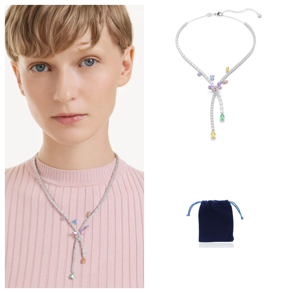 Ariana Grande x Swa necklace Mixed cuts, Dragonfly, Multicolored, Rhodium plated