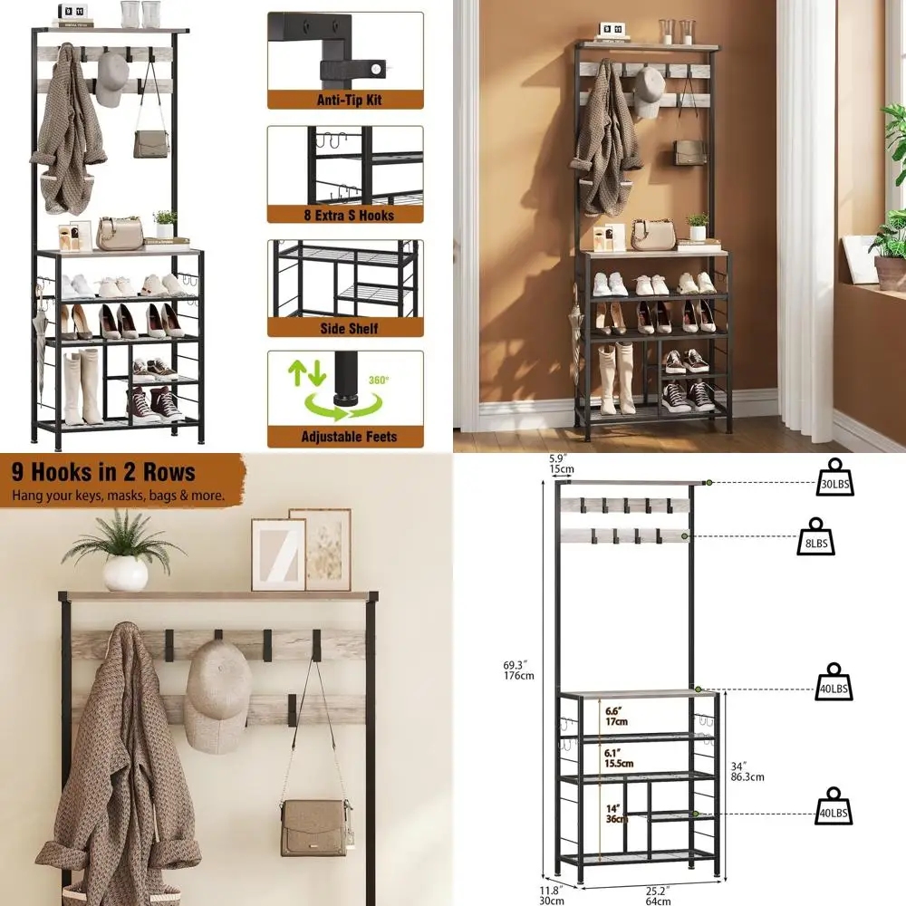 

5-Tier Hall Tree with Console Table for Entryway, Coat Rack, and Floor Standing Shoe Storage Organizer in Greige for Home and Of
