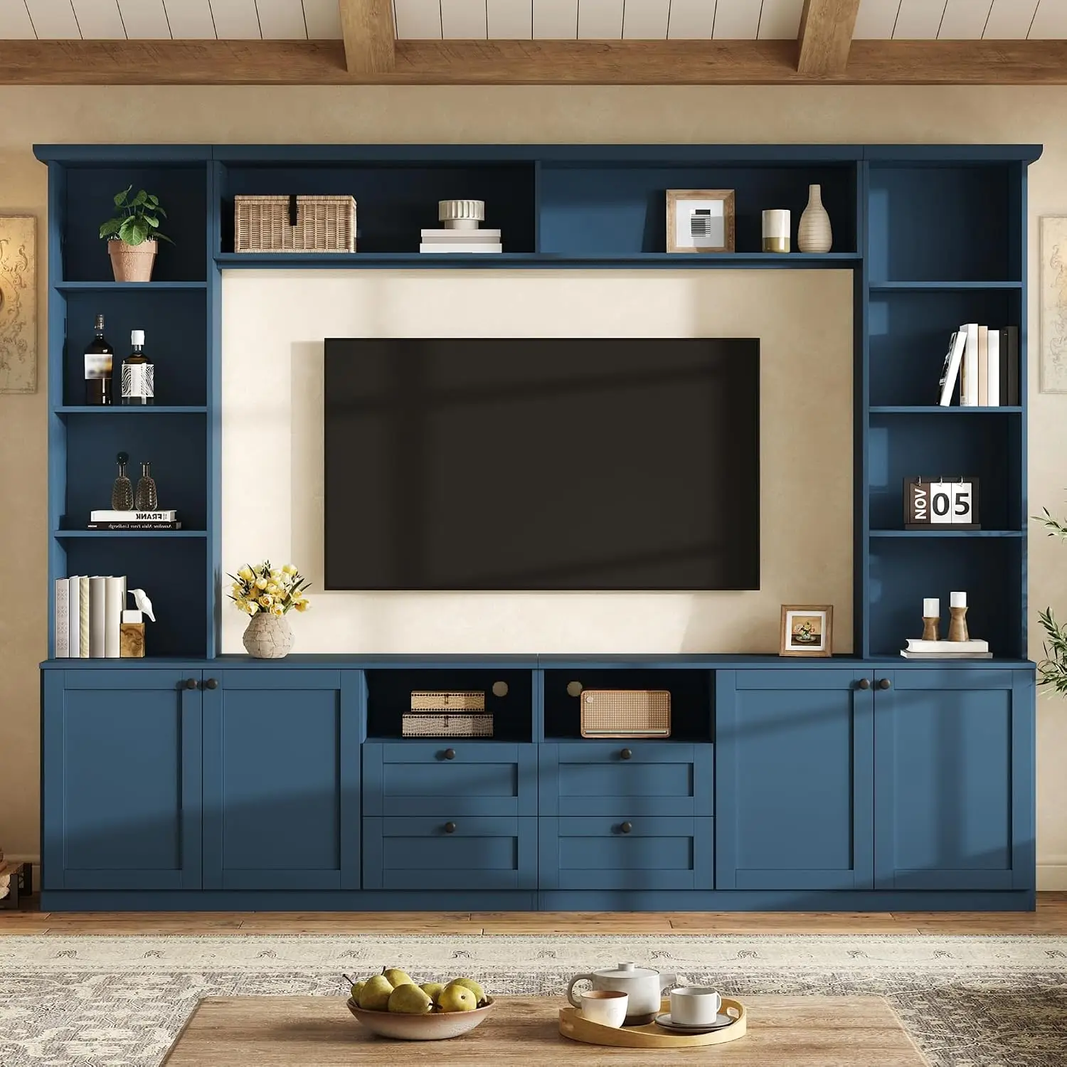 Farmhouse Blue Entertainment Center 70 Inch TV, Wall Unit With Adjustable Shelves & Bridge, Media Console, Customized
