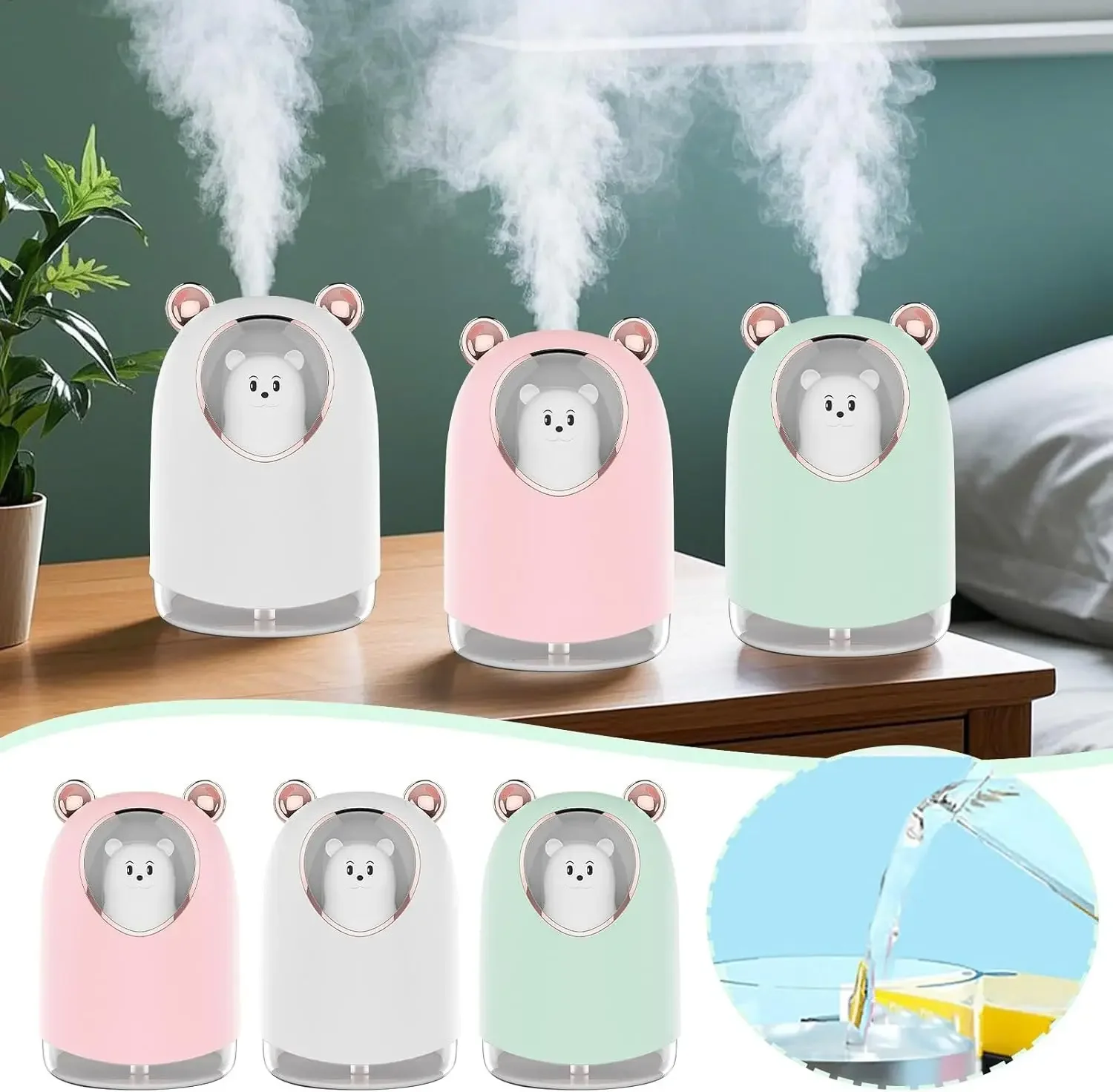 USB Humidifier Adjustable Mist Mode 300ml Water Tank Lasts Up to 10 Hours 7 Color LED Lights Changing Waterless Auto Shut-off