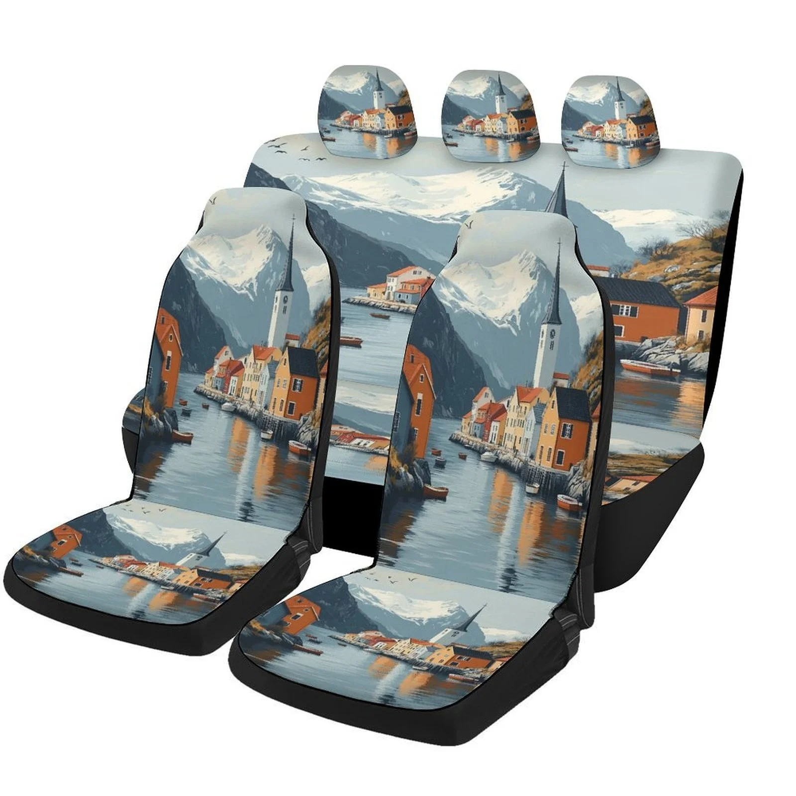 Alpine Village Lake Themed Car Seat Cover Set - Trendy High-Quality Polyester Full Set For Most Cars, Universal Fit For 2 Front