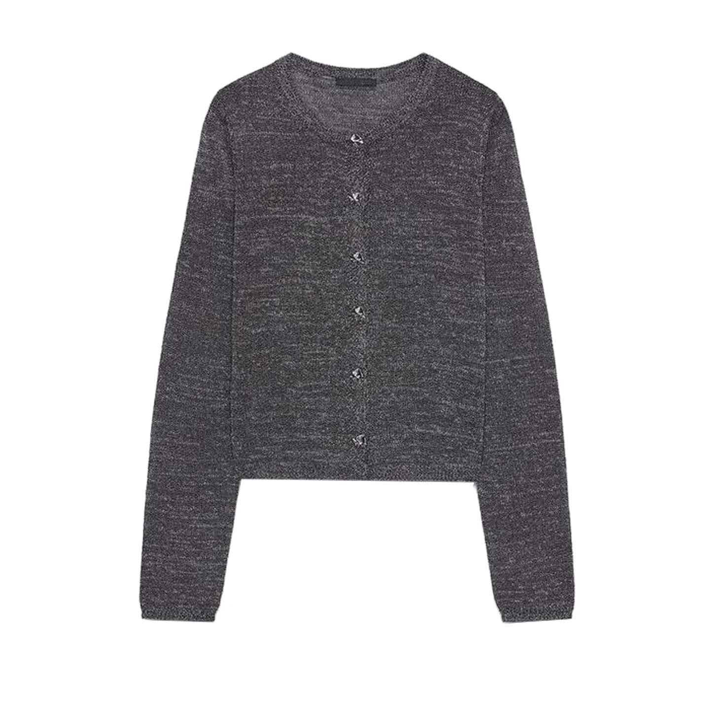 Otoño nuevo mujer redondo Ne Long Sve recto tejido línea de Metal botón cárdigan prendas de vestir exteriores Casual Sle fibra de poliéster