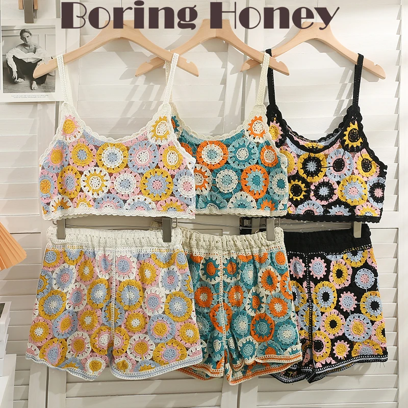 

Boring Honey Short Retro Suit Of Clothes Crop Tops Women Thin Hollow Out High-Waisted Short Pants Fashion Women Blouses