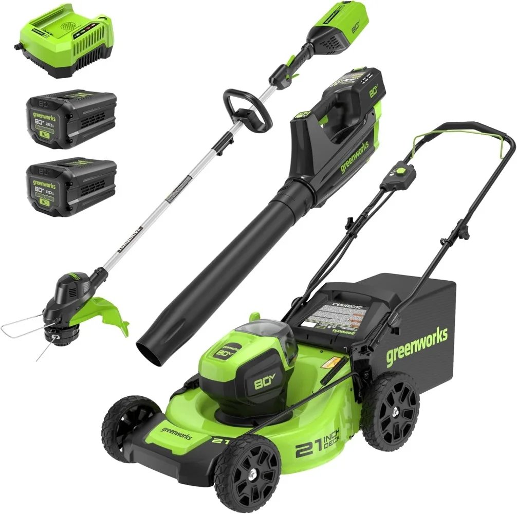 

80V 21 Brushless (Push) Cordless Electric Lawn Mower+(500 CFM)Axial Leaf Blower+13”String Trimmer,(2)2.0Ah Batteries and Charger