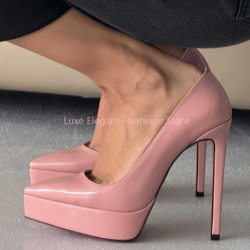 

Pink Patent Leather Platform Pointed Thin High Heels Women Solid Slip On Cover Heel Pumps Sexy Elegant Party Prom Ladies Shoes