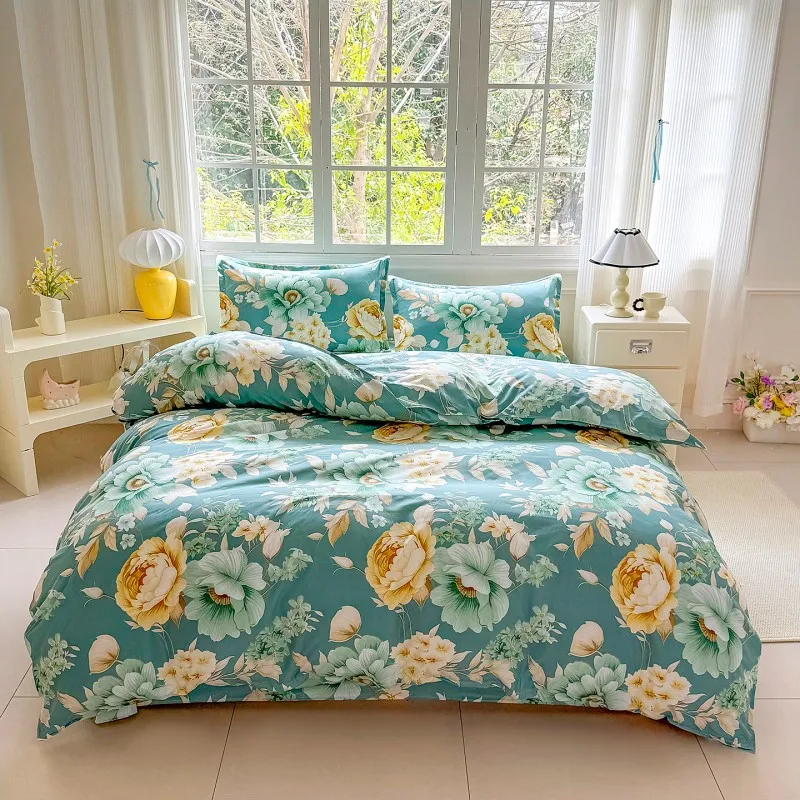 4pcs Teal Floral Bedding Set, Soft Breathable Bed Linen with Duvet Cover, Pillowcases & Sheet, Full/Queen/King Size