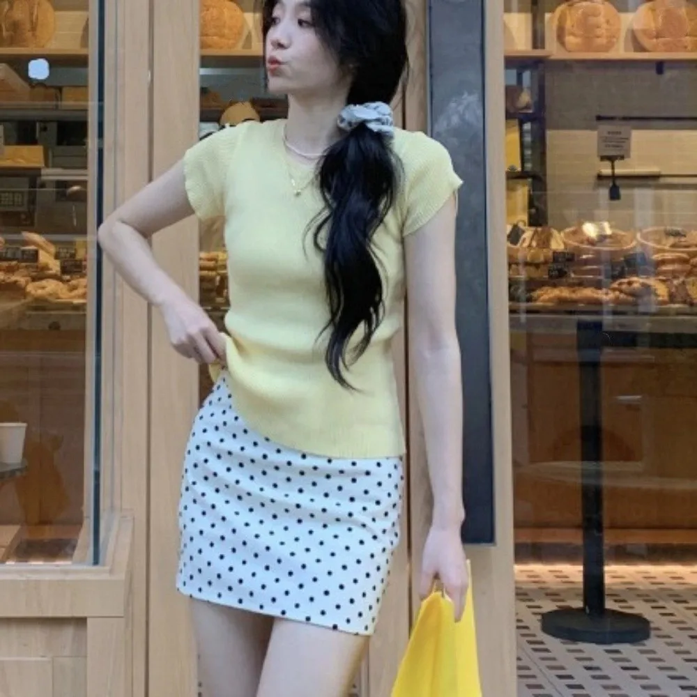 

Casual High Waist Polkatdot Short Skirt Slim Fit Black/Apricot Dot Half Slips Spicy Girl Korean Ins Style Dot A-line Dress Lady