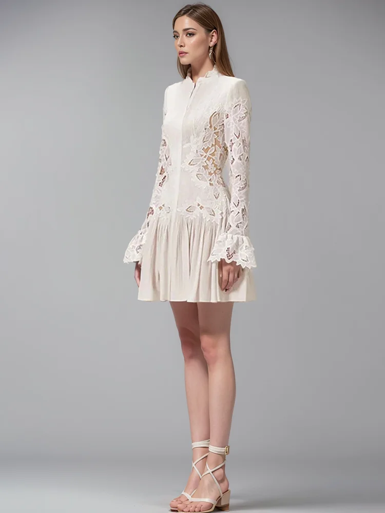 DEAT Fashion Women's Hook Flower Hollow Dress Flare Sleeve Lace Embroidery Slim Pleated Mini Dresses Summer 2024 New 13DB4750