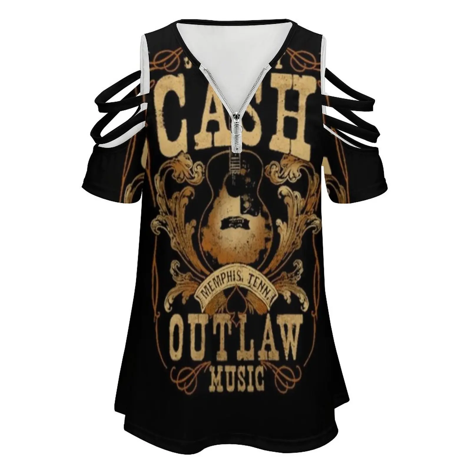 Johnny Cash Outlaw Usic T-Shirt Women's T-Shirt Summer Fashion Print Floral V-Neck Zipper Tshirt Hollow Pullover Ladies Top