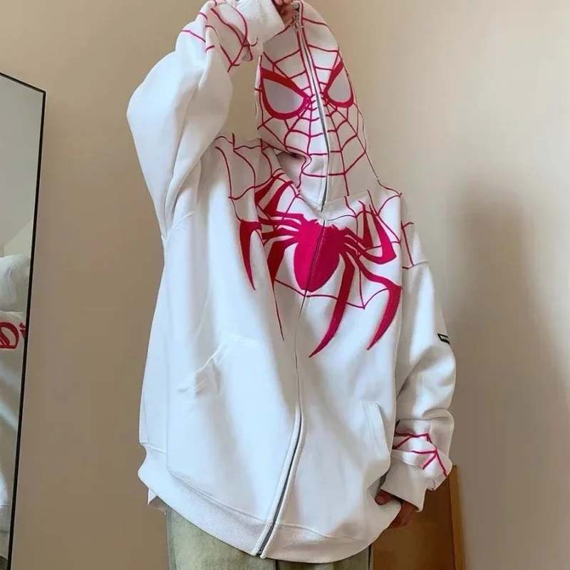 New American Retro Y2k Men Towel Embroidered Spider Sweater Spring and Autumn Loose Oversize Trendy Cardigan Couple Jacket