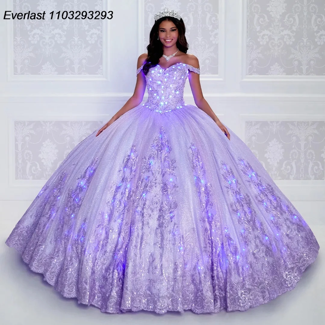 Evlast Glitter Lavendel Quinceanera Jurk Baljurk Kanten Applique Kralen Off Shoulder Sweet 16 Vestido 15 De Años Tqd250