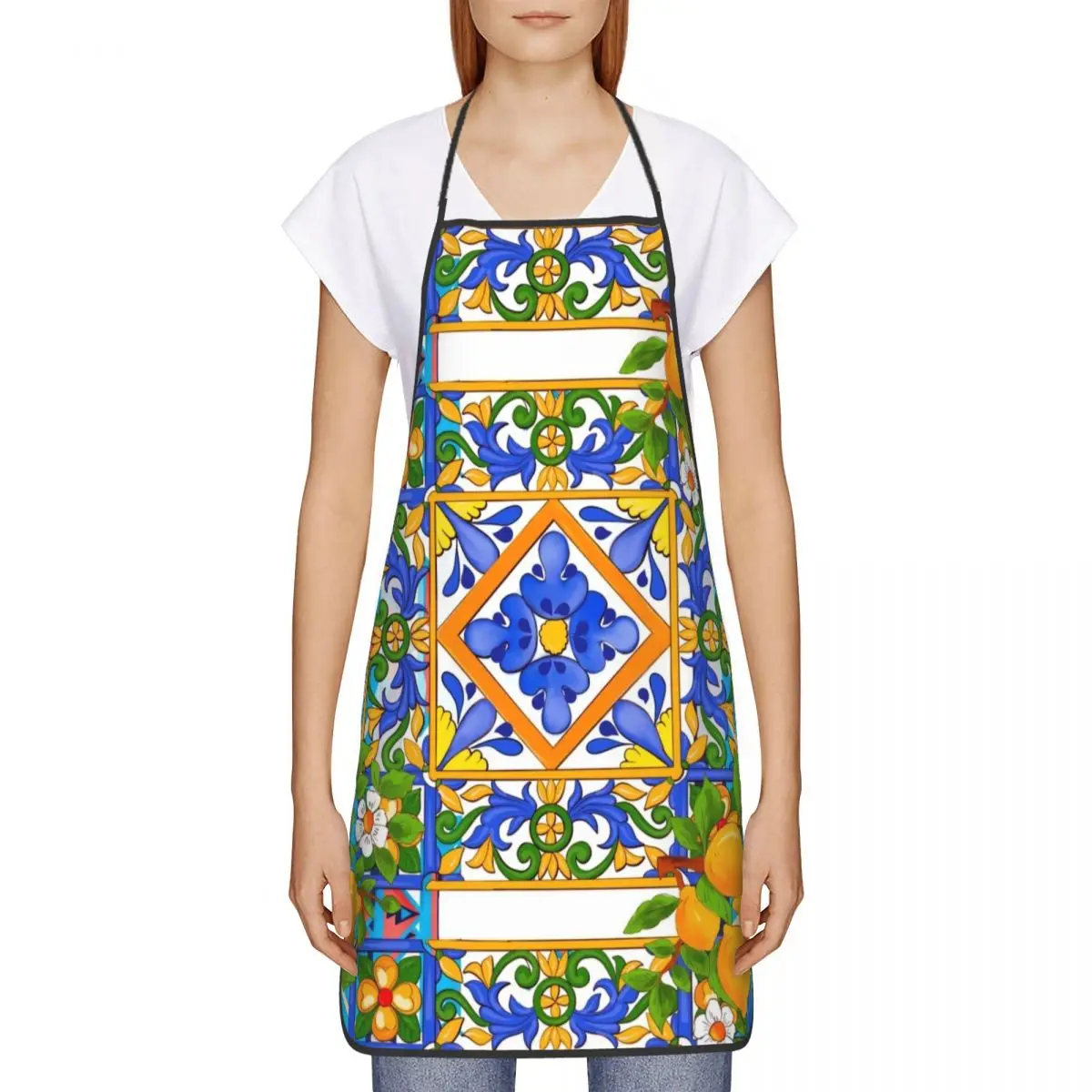 Custom Unisex Mediterranean Summer Citrus Lemons Sicilian Tiles Apron Adult Women Men Chef Tablier Cuisine for Cooking Kitchen