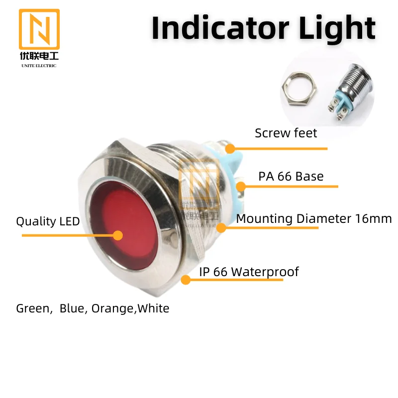 Uniteelec-10Pcs/lotto diametro 16mm indicatore luminoso impermeabile a LED in metallo per auto, camion, Moter, piedini a vite