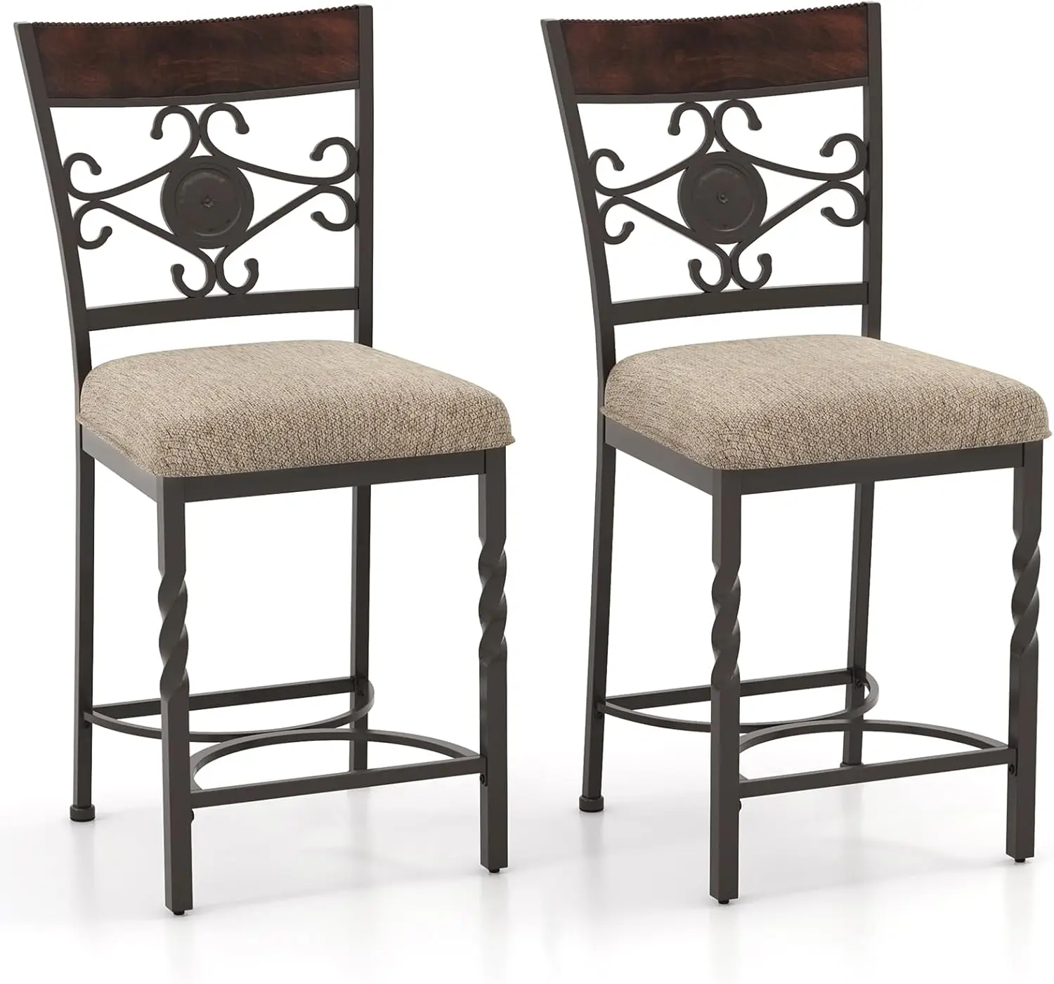 

25" Counter Height Bar Stools Set of 2, Vintage Upholstered Barstools w/Back, Rust-Proof Metal Frame, Padded Seat