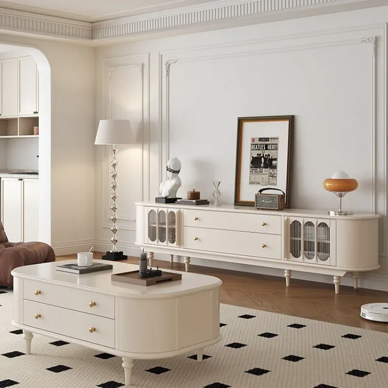French cream-style solid wood TV cabinet coffee table, modern minimalist, living room floor-to-ceiling vintage